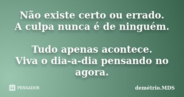 Não existe certo ou errado. A culpa nunca é de ninguém. Tudo apenas acontece. Viva o dia-a-dia pensando no agora.... Frase de demétrio.MDS.