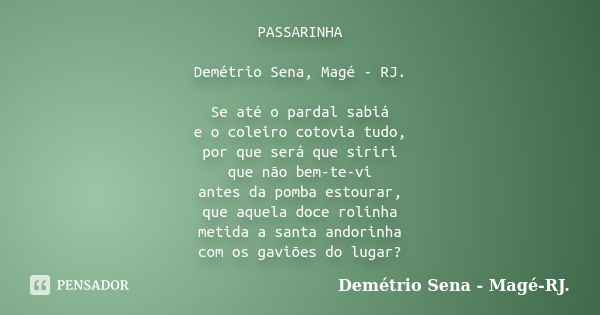 PASSARINHA Demétrio Sena, Magé - RJ. Se até o pardal sabiá e o coleiro cotovia tudo, por que será que siriri que não bem-te-vi antes da pomba estourar, que aque... Frase de Demétrio Sena, Magé - RJ..