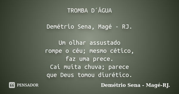 TROMBA D´ÁGUA Demétrio Sena, Magé - RJ. Um olhar assustado rompe o céu; mesmo cético, faz uma prece. Cai muita chuva; parece que Deus tomou diurético.... Frase de Demétrio Sena, Magé - RJ..