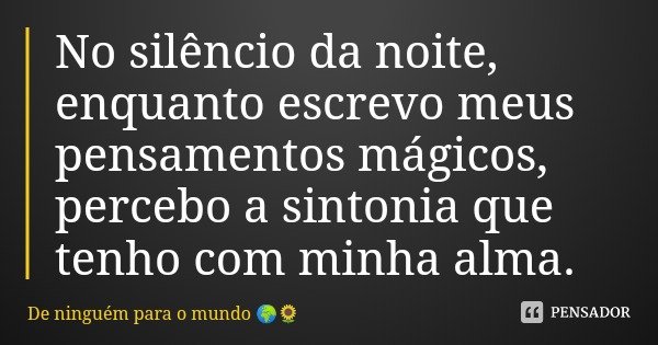 No silêncio da noite, enquanto escrevo meus pensamentos mágicos, percebo a sintonia que tenho com minha alma.... Frase de De ninguém para o mundo.