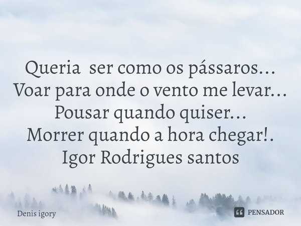 ⁠Queria ser como os pássaros...
Voar para onde o vento me levar...
Pousar quando quiser...
Morrer quando a hora chegar!.... Frase de Denis igory.