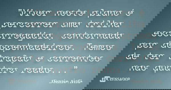 "Viver neste plano é percorrer uma trilha escorregadia, contornada por despenhadeiros. Temos de ter tração e correntes nas quatro rodas...”... Frase de Denise Ávila.
