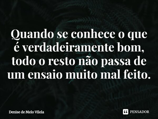 ⁠Quando se conhece o que é verdadeiramente bom, todo o resto não passa de um ensaio muito mal feito.... Frase de Denise de Melo Vilela.