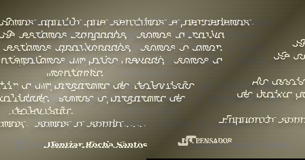 Somos aquilo que sentimos e percebemos. Se estamos zangados, somos a raiva. Se estamos apaixonados, somos o amor. Se contemplamos um pico nevado, somos a montan... Frase de Denizar Rocha Santos.