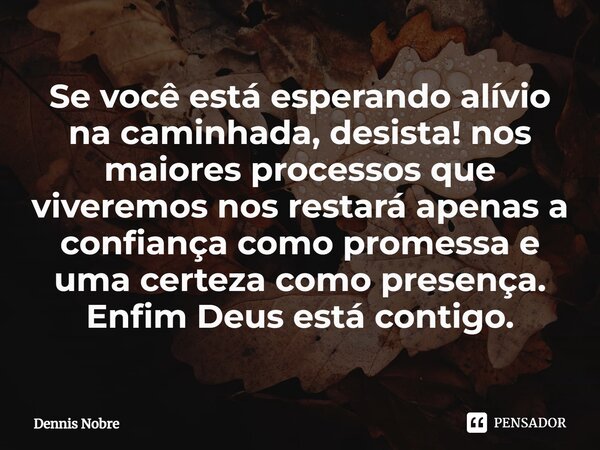 ⁠Se você está esperando alívio na caminhada, desista! nos maiores processos que viveremos nos restará apenas a confiança como promessa e uma certeza como presen... Frase de Dennis Nobre.