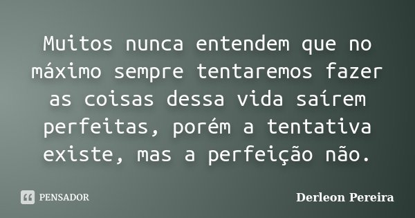Muitos nunca entendem que no máximo sempre tentaremos fazer as coisas dessa vida saírem perfeitas, porém a tentativa existe, mas a perfeição não.... Frase de Derleon Pereira.