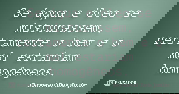 Se água e óleo se misturassem, certamente o bem e o mal estariam homogêneos.... Frase de Dermeval Reis Junior.