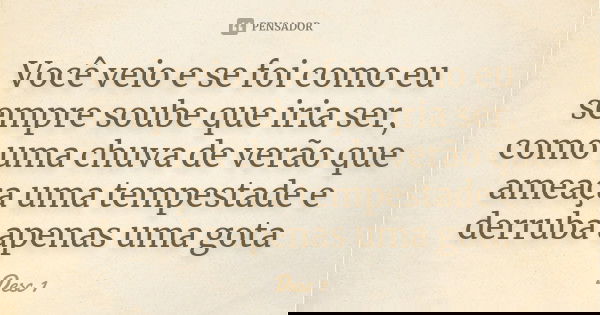 Você veio e se foi como eu sempre soube que iria ser, como uma chuva de verão que ameaça uma tempestade e derruba apenas uma gota... Frase de Desc 1.