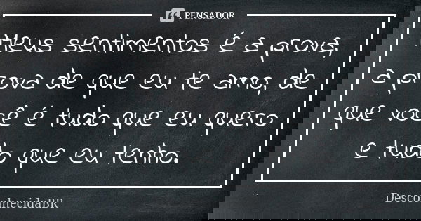 Meus sentimentos é a prova, a prova de que eu te amo, de que você é tudo que eu quero e tudo que eu tenho.... Frase de DesconhecidaBR.