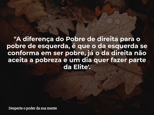 "A diferença do Pobre de direita para o pobre de esquerda, é que o da esquerda se conforma em ser pobre, já o da direita não aceita a pobreza e um dia quer... Frase de Desperte o poder da sua mente.
