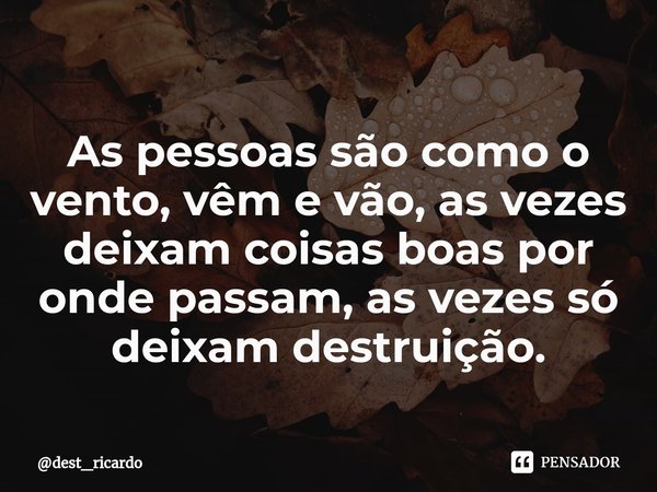 ⁠As pessoas são como o vento, vêm e vão, as vezes deixam coisas boas por onde passam, as vezes só deixam destruição.... Frase de dest_ricardo.