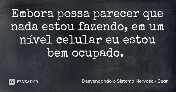 Embora possa parecer que nada estou fazendo, em um nível celular eu estou bem ocupado.... Frase de Desvendando o Sistema Nervoso  Bear..