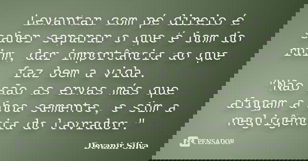 Levantar com pé direio é saber separar o que é bom do ruim, dar importância ao que faz bem a vida. "Não são as ervas más que afogam a boa semente, e sim a ... Frase de Devanir Silva.