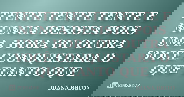 TENTE TENTE TENTE E NUNCA DESISTA POIS UMA HORA OU OUTRA VOCÊ CONQUISTARA O QUE TANTO QUE... Frase de DIANA BRITO.
