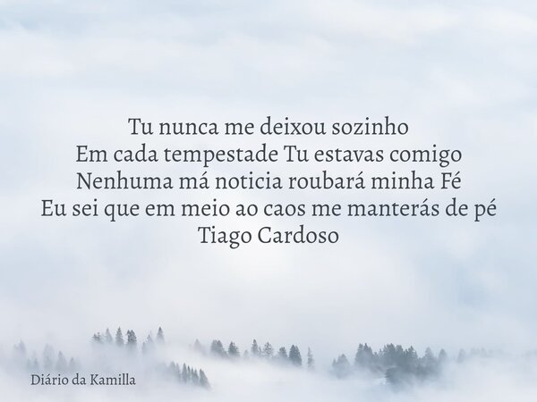 Tu nunca me deixou sozinho Em cada tempestade Tu estavas comigo Nenhuma má noticia roubará minha Fé Eu sei que em meio ao caos me manterás de pé Tiago Cardoso... Frase de Diário da Kamilla.