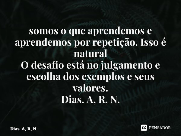 ⁠somos o que aprendemos e aprendemos por repetição. Isso é natural O desafio está no julgamento e escolha dos exemplos e seus valores. Dias. A, R, N.... Frase de Dias. A, R, N..