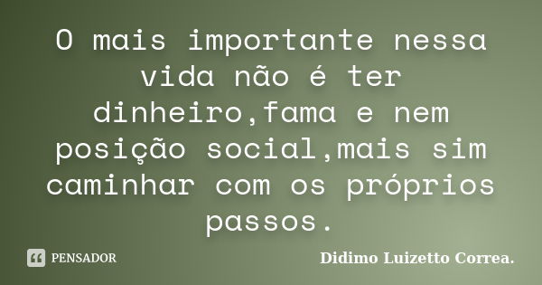 O mais importante nessa vida não é ter dinheiro,fama e nem posição social,mais sim caminhar com os próprios passos.... Frase de Didimo Luizetto Correa..