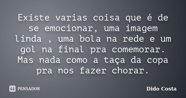 Existe varias coisa que é de se emocionar, uma imagem linda , uma bola na rede e um gol na final pra comemorar. Mas nada como a taça da copa pra nos fazer chora... Frase de Dido Costa.