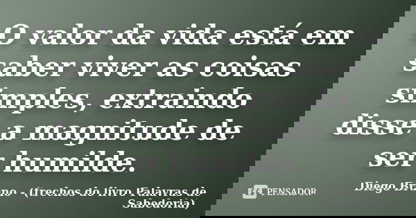 O valor da vida está em saber viver as coisas simples, extraindo disse a magnitude de ser humilde.... Frase de Diego Bruno (Trechos do livro Palavras de Sabedoria).