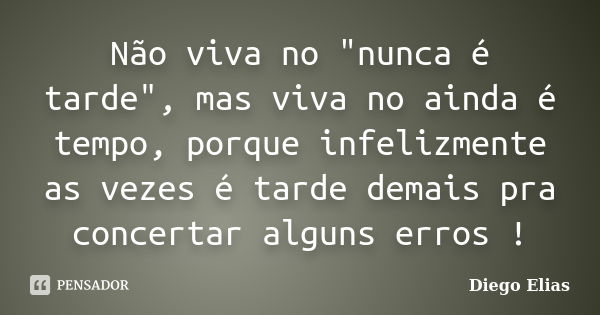 Não viva no "nunca é tarde", mas viva no ainda é tempo, porque infelizmente as vezes é tarde demais pra concertar alguns erros !... Frase de Diego Elias.