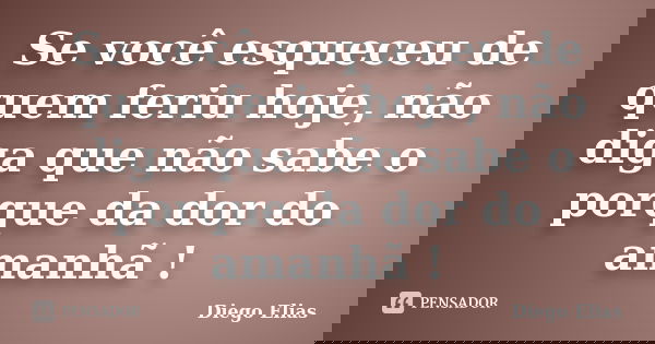 Se você esqueceu de quem feriu hoje, não diga que não sabe o porque da dor do amanhã !... Frase de Diego Elias.