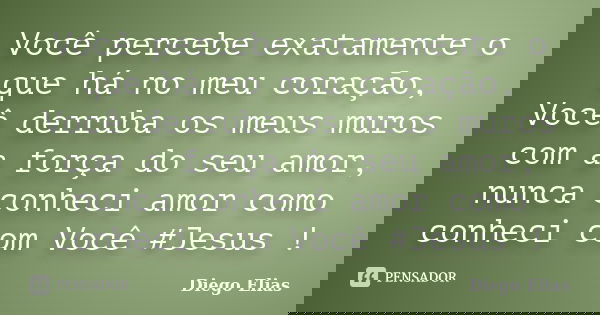 Você percebe exatamente o que há no meu coração, Você derruba os meus muros com a força do seu amor, nunca conheci amor como conheci com Você ‪#‎Jesus‬ !... Frase de Diego Elias.