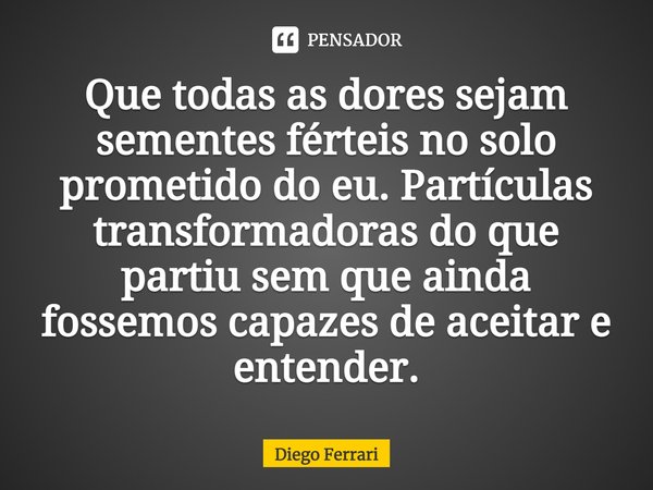 ⁠Que todas as dores sejam sementes férteis no solo prometido do eu. Partículas transformadoras do que partiu sem que ainda fossemos capazes de aceitar e entende... Frase de Diego Ferrari.