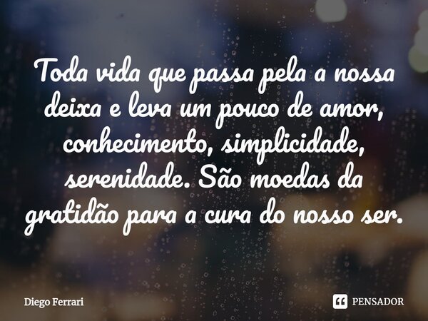 ⁠Toda vida que passa pela a nossa deixa e leva um pouco de amor, conhecimento, simplicidade, serenidade. São moedas da gratidão para a cura do nosso ser.... Frase de Diego Ferrari.