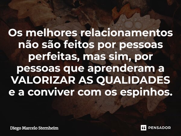 Os melhores relacionamentos não são feitos por pessoas perfeitas, mas sim, por pessoas que aprenderam a VALORIZAR AS QUALIDADES e a conviver com os espinhos.... Frase de Diego Marcelo Sternheim.