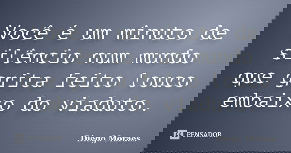 Você é um minuto de silêncio num mundo que grita feito louco embaixo do viaduto.... Frase de Diego Moraes.