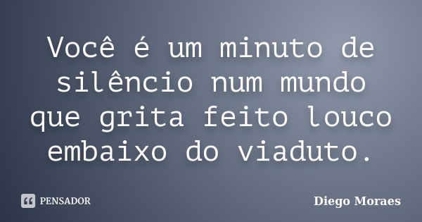 Você é um minuto de silêncio num mundo que grita feito louco embaixo do viaduto.... Frase de Diego Moraes.