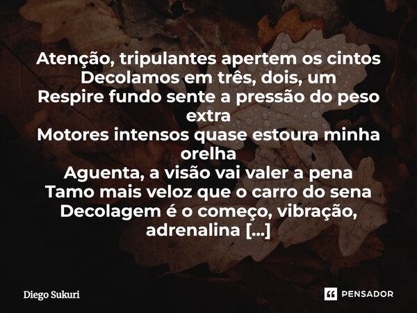 ⁠Atenção, tripulantes apertem os cintos Decolamos em três, dois, um Respire fundo sente a pressão do peso extra Motores intensos quase estoura minha orelha Ague... Frase de Diego Sukuri.