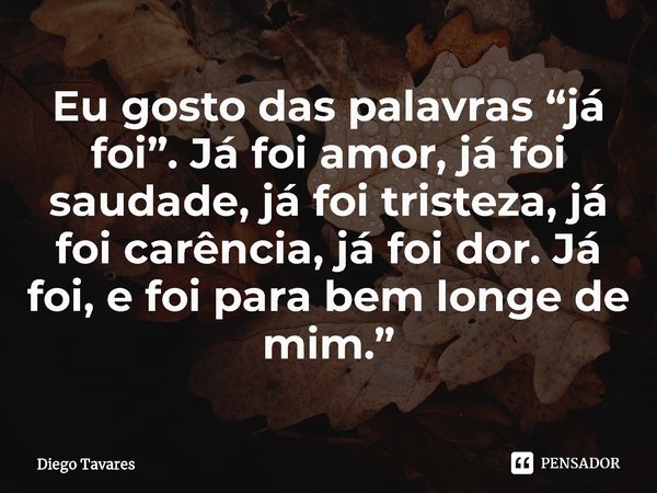 Eu gosto das palavras “já foi”. Já foi amor, já foi saudade, já foi tristeza, já foi carência, já foi dor. Já foi, e foi para bem longe de mim.”... Frase de Diego Tavares.