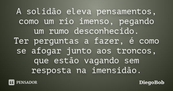 A solidão eleva pensamentos, como um rio imenso, pegando um rumo desconhecido. Ter perguntas a fazer, é como se afogar junto aos troncos, que estão vagando sem ... Frase de DiegoBob.