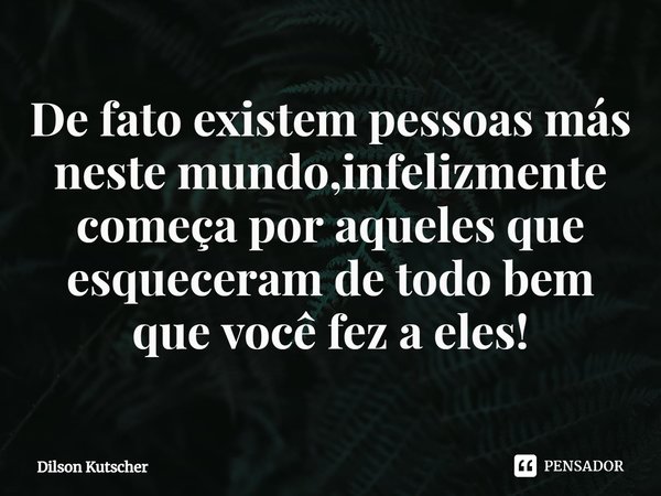 ⁠De fato existem pessoas más neste mundo, infelizmente começa por aqueles que esqueceram de todo bem que você fez a eles!... Frase de Dilson Kutscher.
