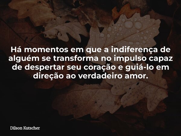 Há momentos em que a indiferença de alguém se transforma no impulso capaz de despertar seu coração e guiá-lo em direção ao verdadeiro amor.... Frase de Dilson Kutscher.