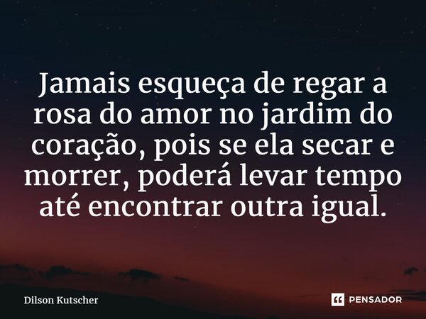 ⁠Jamais esqueça de regar a rosa do amor no jardim do coração, pois se ela secar e morrer, poderá levar tempo até encontrar outra igual.... Frase de Dilson Kutscher.