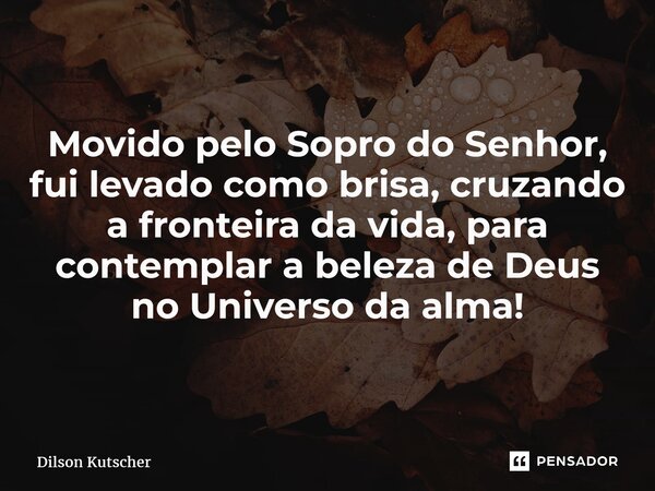 Movido pelo Sopro do Senhor, fui levado comobrisa, cruzando a fronteira da vida, para contemplar a beleza de Deus no Universo da alma!... Frase de Dilson Kutscher.