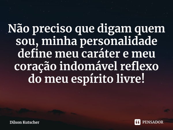 Não preciso que digam quem sou, minha personalidade define meu caráter e meu coração indomável reflexo do meu espírito livre! ⁠... Frase de Dilson Kutscher.