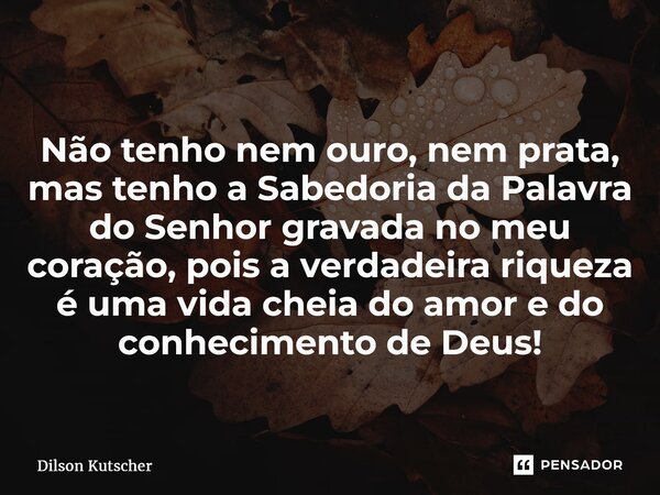 ⁠ Não tenho nem ouro, nem prata, mas tenho a Sabedoria da Palavra do Senhor gravada no meu coração, pois a verdadeira riqueza é uma vida cheia do amor e do conh... Frase de Dilson Kutscher.