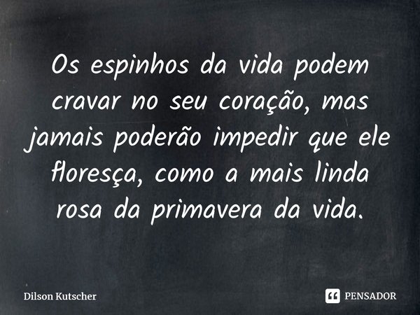 Os espinhos da vida podem cravar no seu coração, mas jamais poderão impedir que ele floresça, como a mais linda rosa da primavera da vida.... Frase de Dilson Kutscher.