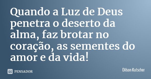 Quando a Luz de Deus penetra o deserto da alma, faz brotar no coração, as sementes do amor e da vida!... Frase de Dilson Kutscher.