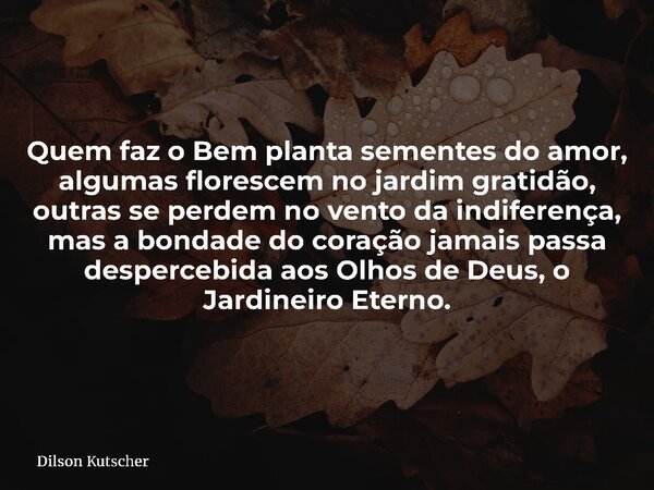 Quem faz o Bem planta sementes do amor, algumas florescem no jardim gratidão, outras se perdem no vento da indiferença, mas a bondade do coração jamais passa de... Frase de Dilson Kutscher.