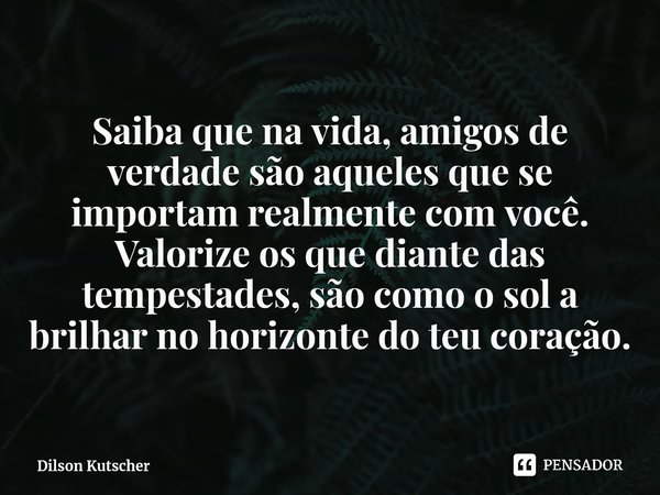 Saiba que na vida, amigos de verdade são aqueles que se importam realmente com você. Valorize os que diante das tempestades, são como o sol a brilhar no horizon... Frase de Dilson Kutscher.