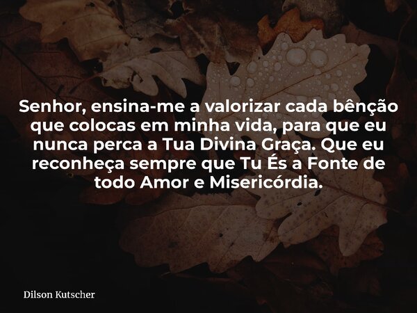 Senhor, ensina-me a valorizar cada bênção que colocas em minha vida, para que eu nunca perca a Tua Divina Graça. Que eu reconheça sempre que Tu És a Fonte de to... Frase de Dilson Kutscher.