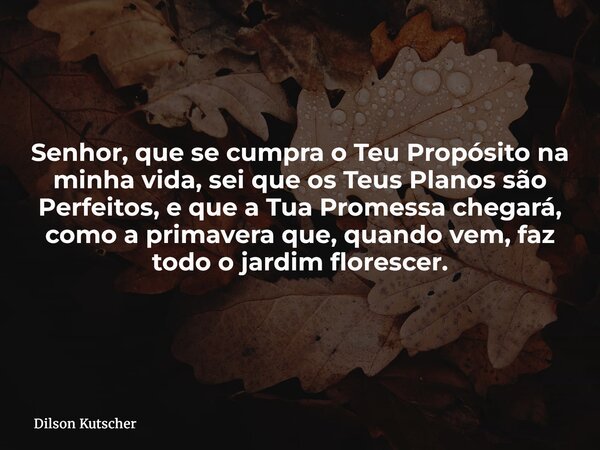 Senhor, que se cumpra o Teu Propósito na minha vida, sei que os Teus Planos são Perfeitos, e que a Tua Promessa chegará, como a primavera que, quando vem, faz t... Frase de Dilson Kutscher.