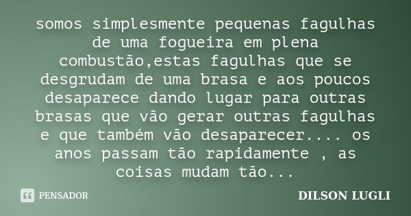 somos simplesmente pequenas fagulhas de uma fogueira em plena combustão,estas fagulhas que se desgrudam de uma brasa e aos poucos desaparece dando lugar para ou... Frase de Dilson Lugli.