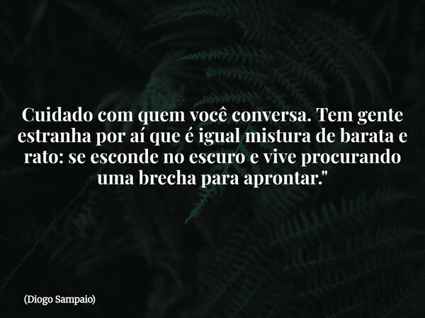 Cuidado com quem você conversa. Tem gente estranha por aí que é igual mistura de barata e rato: se esconde no escuro e vive procurando uma brecha para aprontar.... Frase de Diogo Sampaio.