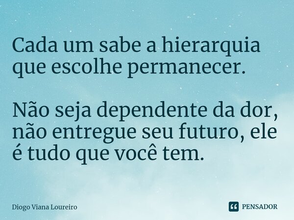 ⁠Cada um sabe a hierarquia que escolhe permanecer. Não seja dependente da dor, não entregue seu futuro, ele é tudo que você tem.... Frase de Diogo Viana Loureiro.