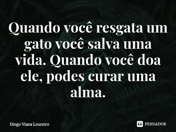 ⁠Quando você resgata um gato você salva uma vida. Quando você doa ele, podes curar uma alma.... Frase de Diogo Viana Loureiro.